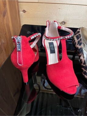 Jones New York Red Suede T-Strap Heels with Rhinestone Ankle Strap
